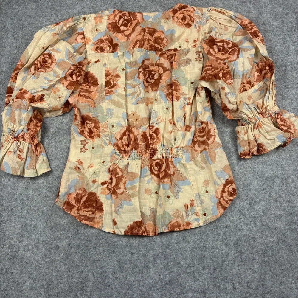 Free People I Found You Printed Top Boho Floral Puff Sleeve Blouse Cream size xs